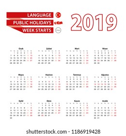 Calendar 2019 in Turkish language with public holidays the country of Turkey in year 2019. Week starts from Monday. Vector Illustration.
