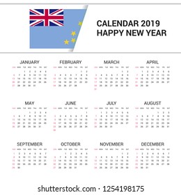 Calendar 2019 Tuvalu Flag background. English language