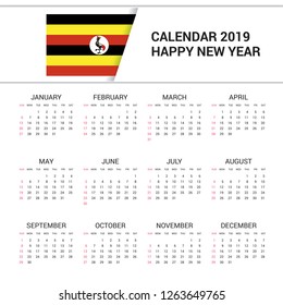 Calendar 2019 Uganda Flag background. English language