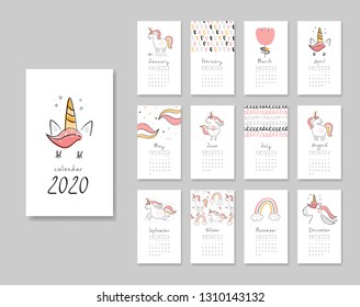 Calendar 2019 with unicorns. Templates with creative hand drawn textures. Vector illustration. Pink, yellow, gray colors.