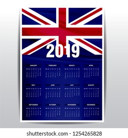Calendar 2019 United Kingdom Flag background. English language