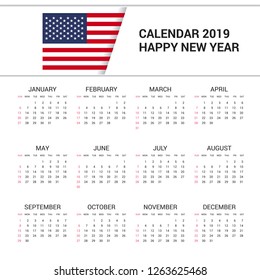 Calendar 2019 United States of America Flag background. English language