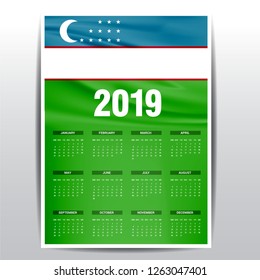 Calendar 2019 Uzbekistan Flag background. English language