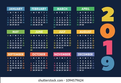 Calendar 2019 vector basic grid. Simple design template