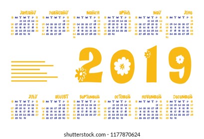 Calendar 2019 vector basic grid. Color design template. English calender for print