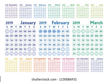 Calendar 2019. Vector color English calender. January, February, March, April, May, June, July, October, November, December. Week starts on Sunday. Design template. Colorful planner. Business planning