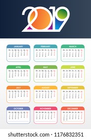 Calendar 2019 Vector. Colorful set. Week starts on Monday