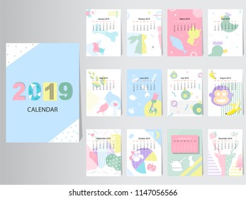 Calendar 2019 Vector Design Template with abstract pattern,Set of 12 Months,vector illustrations.
