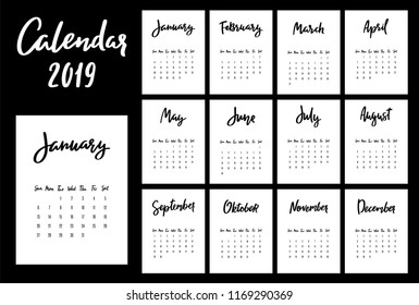 Calendar 2019 vector design template. Week starts from Sunday. Set of 12 months lettering inscription.