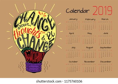 Calendar 2019. Vector design template with motivational quotes. Set of 12 months. 