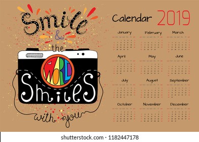 Calendar 2019. Vector design template with motivational quotes. Set of 12 months. 