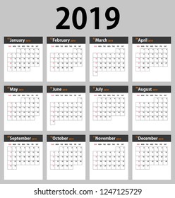 calendar 2019 vector editable