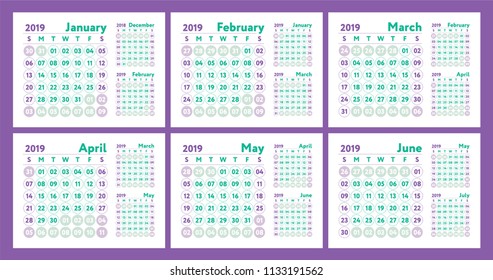 Calendar 2019. Vector English calender. January, February, March, April, May, June. Week starts on Sunday. Ready design template. Planner. Business planning. Trend purple and green colors