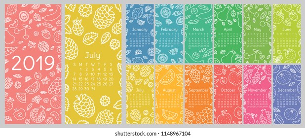 Calendar 2019. Vector English calender template. Fruits, berries. Lemon, kiwi, banana, pear, cherry, strawberry, raspberry, watermelon, grapes, apple, mandarin. Hand drawn design. Doodle sketch