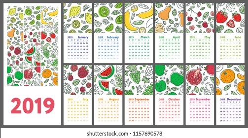 Calendar 2019. Vector English calender. Hand drawn. Fruits, berries. Lemon, kiwi, banana, pear, cherry, strawberry, raspberry, watermelon, grapes, apple, pomegranate and mandarin. Doodle sketch