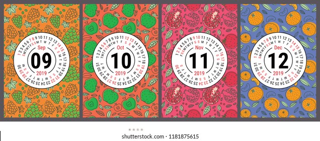 Calendar 2019. Vector English calender template. Fruits, berries. Grapes, apple, pomegranate and mandarin, tangerine. Hand drawn design. Doodle sketch. Sunday. September, October, November, December