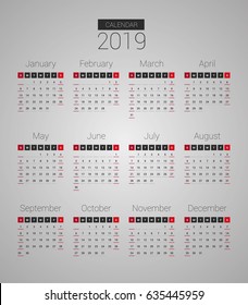 Calendar for 2019. Vector EPS10