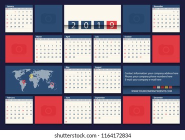 Calendar 2019 Vector Flat Design Template for Travel Company. Week Starts Sunday.Square stylized.