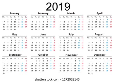 Calendar 2019. Vector illustration.
