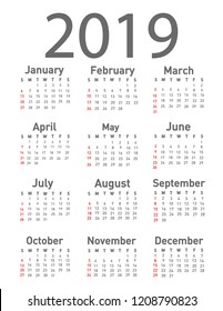 Calendar for 2019 vector illustration