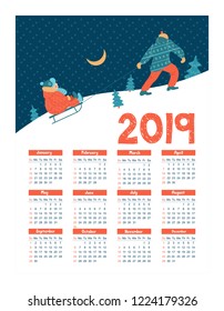 Calendar 2019. Vector illustration. Dad rolls on the sledge of the child.