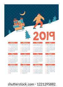 Calendar 2019. Vector illustration. A man carries on a sled a lot of Christmas gifts.