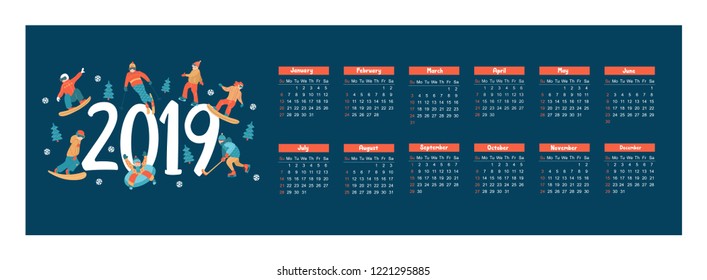 Calendar 2019. Vector illustration. A set of characters engaged in winter sports and recreation. People skate, snowboard, ski. Play ice hockey. Children sledding and snow tubing.