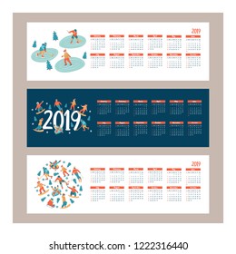 Calendar 2019. Vector illustration. A set of characters engaged in winter sports and recreation. People skate, snowboard, ski. Play ice hockey. Children sledding and snow tubing.