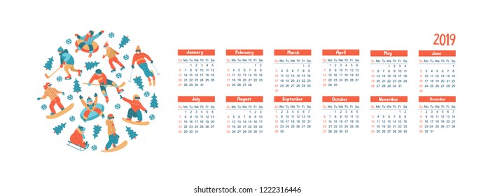 Calendar 2019. Vector illustration. A set of characters engaged in winter sports and recreation. People skate, snowboard, ski. Play ice hockey. Children sledding and snow tubing.