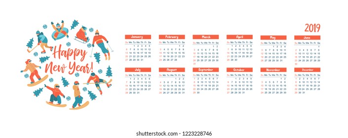 Calendar 2019. Vector illustration. A set of characters engaged in winter sports and recreation. People skate, snowboard, ski. Play ice hockey. Children sledding and snow tubing.