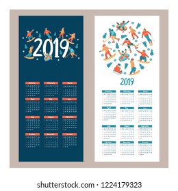 Calendar 2019. Vector illustration. A set of characters engaged in winter sports and recreation. People skate, snowboard, ski. Play ice hockey. Children sledding and snow tubing.