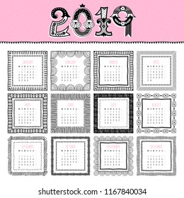 Calendar 2019. Vector illustration. Starts on Monday