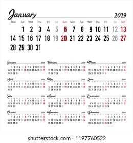 Calendar. 2019 Calendar. Vector print template.