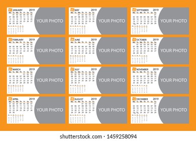 Calendar for 2019, vector. Simple, convenient, all months of the year. You can insert photos or place text