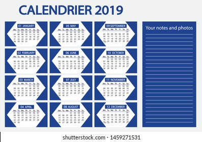 Calendar for 2019, vector. Simple, convenient, all months of the year. You can insert photos or place text