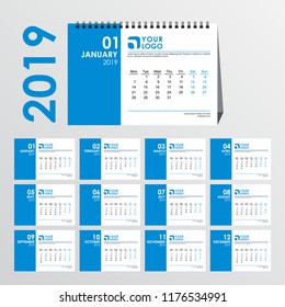 Calendar 2019 vector. Simple, minimal, elegant, clean desk calendar template, holidays on Saturdays and Sundays