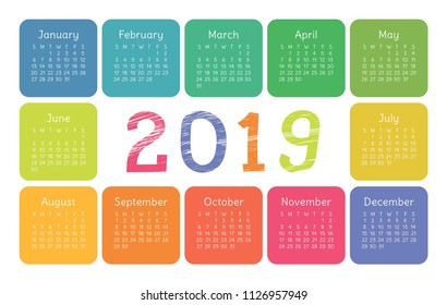Calendar 2019. Vector template. English calender. Colorful set. Week starts on Sunday. Chalk, brush or pencil