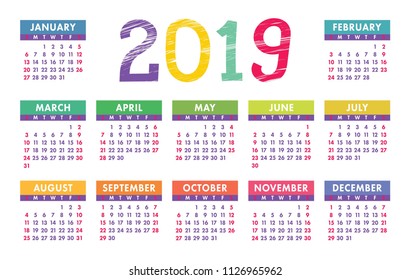 Calendar 2019. Vector template. English calender. Colorful set. Week starts on Sunday. Chalk, brush or pencil