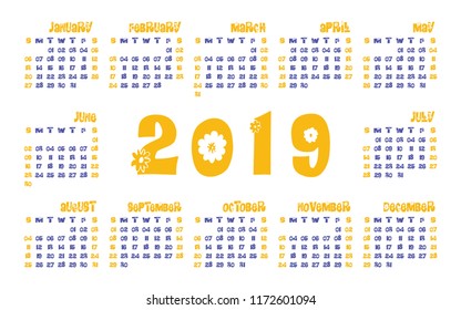 Calendar 2019. Vector template. English calender. Week starts on Sunday. Chamomile. Kid's design