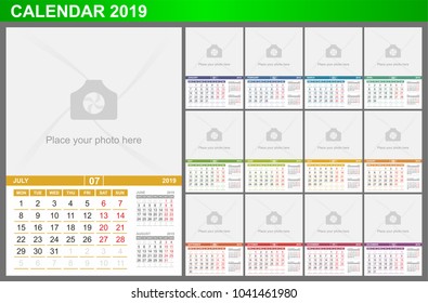 Calendar 2019. Vector Template with Place for Photo. Week Starts Monday. 3 month.