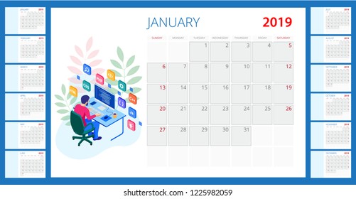 Calendar 2019. Vector Template with Place for Photo. 12 Months. Isometric Developing programming and coding technologies.