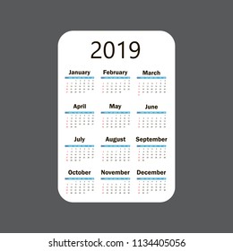 Calendar 2019. Vector template. Week starts on Sunday