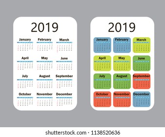 Calendar 2019. Vector template. Week starts on Sunday