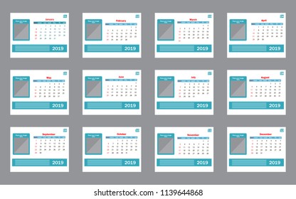 Calendar 2019. Vector template. Week starts on Sunday