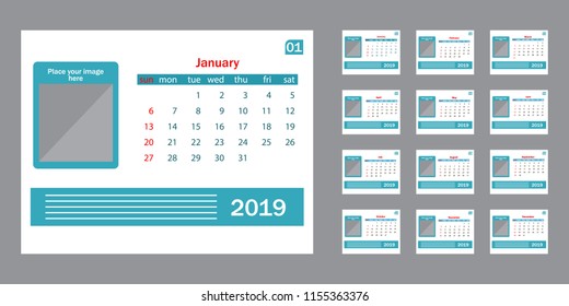 Calendar 2019. Vector template. Week starts on Sunday