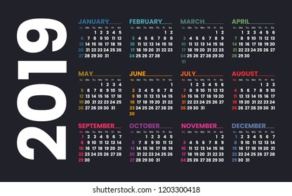 Calendar 2019 vector template. Week starts on Sunday. Colorful grid on a dark background.