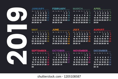 Calendar 2019 vector template. Week starts on Monday. Colorful grid on a dark background.