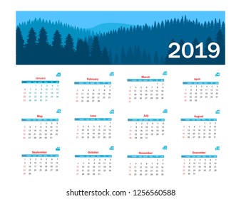 Calendar 2019. Vector template. Week starts on Sunday - Vector illustration