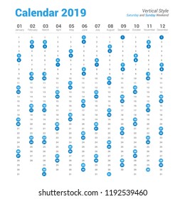 Calendar 2019 Vertical Design. Saturday and Sunday weekend.