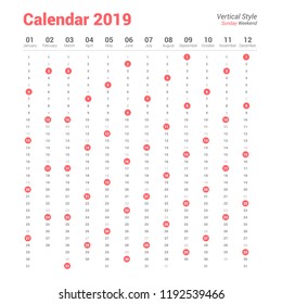 Calendar 2019 Vertical Design. Sunday weekend.